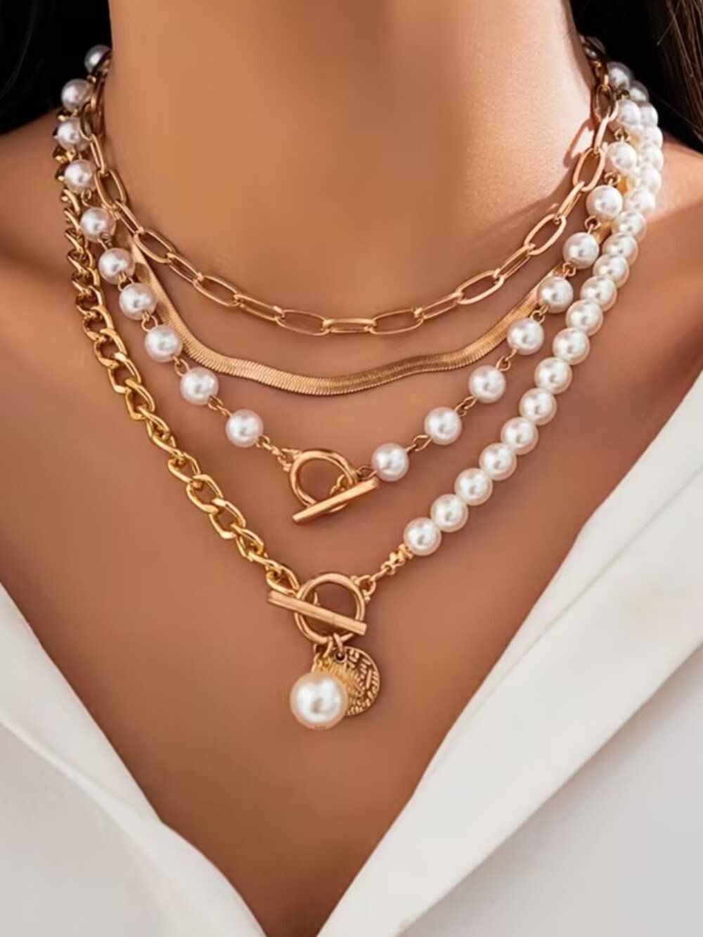 NWT 4pc Faux Pearl Gold-Tone Layered Necklace Chain Stack Coin Toggle Set